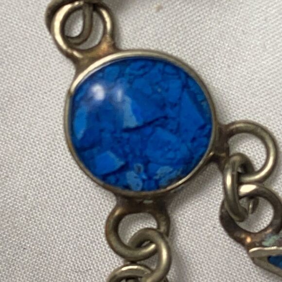 Genuine Lapis & mother of  Signed Alpoco Mexico Silver Mosaic  Flower Earrings - Picture 10 of 11